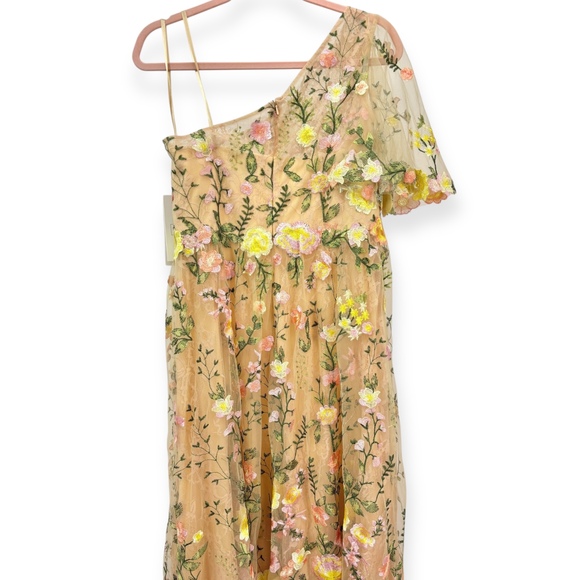 Mac Duggal NEW Yellow Floral One Shoulder Lace Embroidered Midi Dress - Size 10 - Picture 12 of 15